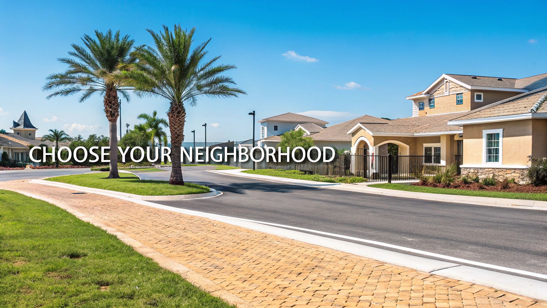 A sunny street with palm trees and residential houses, featuring the text 'Choose Your Neighborhood'.