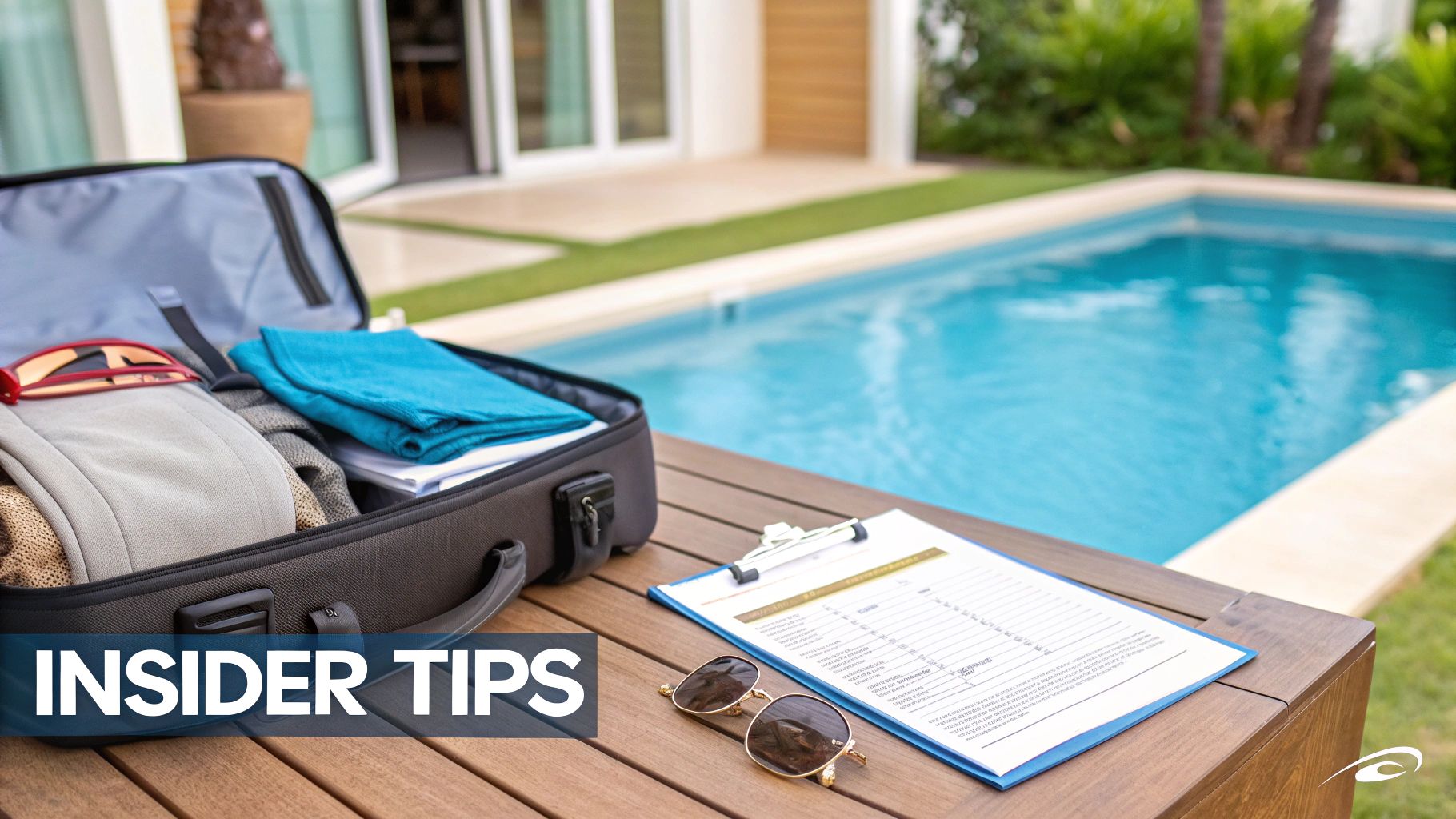 An open suitcase with vacation essentials, sunglasses, and a checklist on a wooden table by a pool, suggesting travel planning.