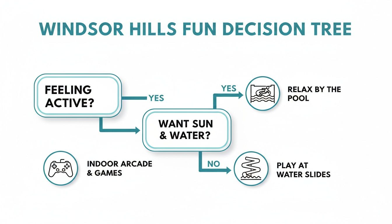 Windsor Hills fun decision tree flowchart, guiding choices like pool, water slides, or indoor games.