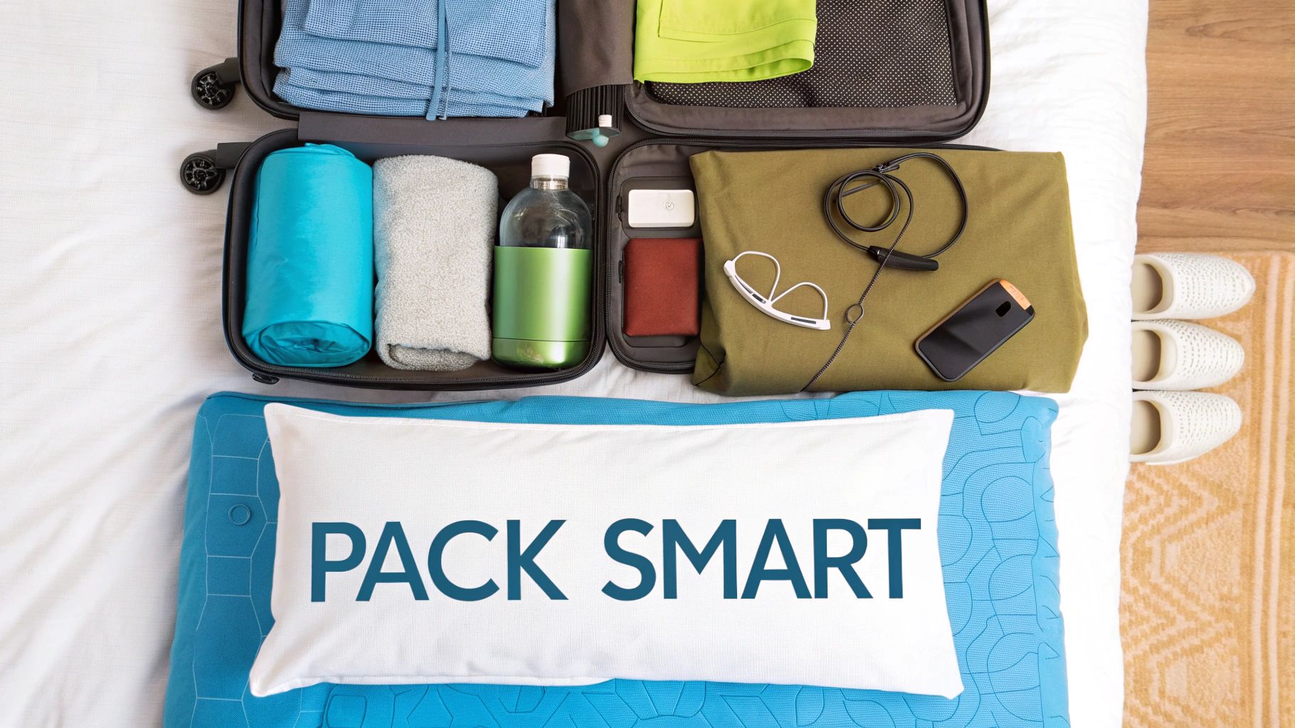 Smart packing for a trip, with an open suitcase full of organized essentials and a "PACK SMART" pillow.