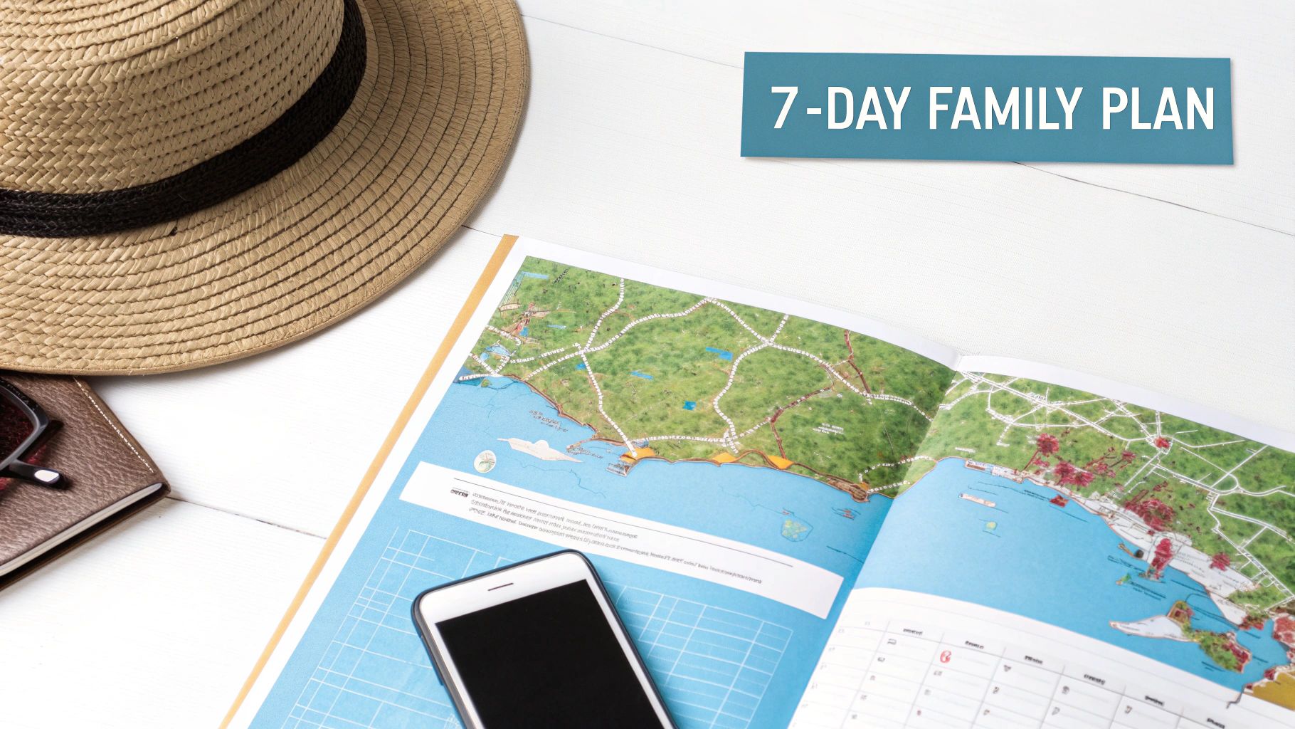 Overhead view of travel essentials including a straw hat, map, smartphone, and '7-DAY FAMILY PLAN' banner.