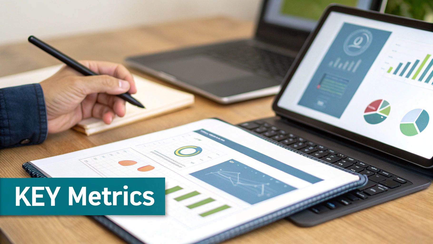 A professional's hand writes while analyzing business key metrics on paper and a tablet, showing data visualizations.
