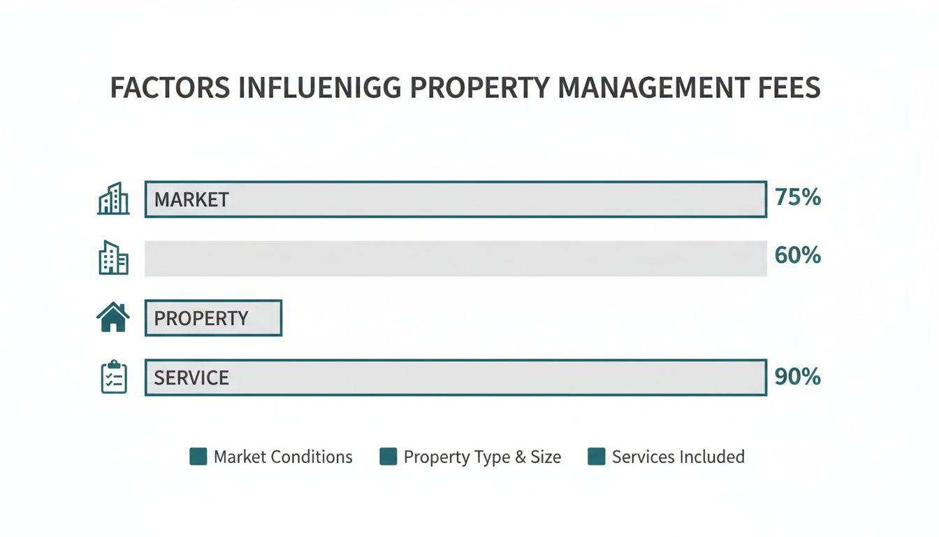 Bar chart illustrating factors influencing property management fees, with Market at 75% and Service at 90%.