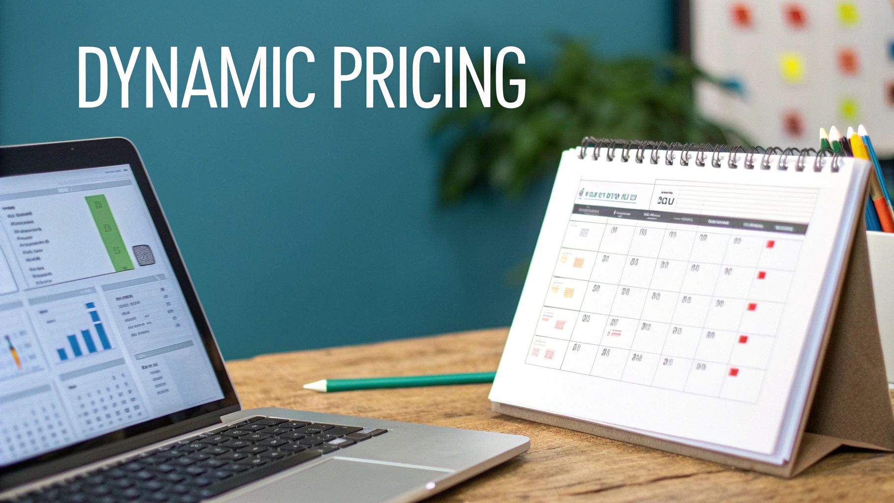 A laptop displaying data graphs and a desk calendar with a pencil on a wooden desk, with "DYNAMIC PRICING" text.