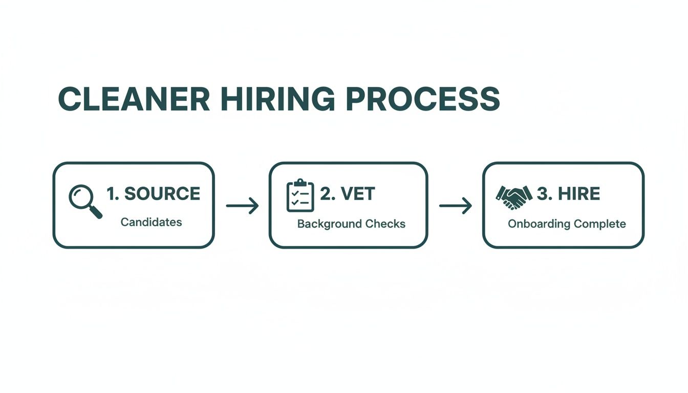 Diagram illustrating the cleaner hiring process with steps: source candidates, vet background checks, and hire complete.