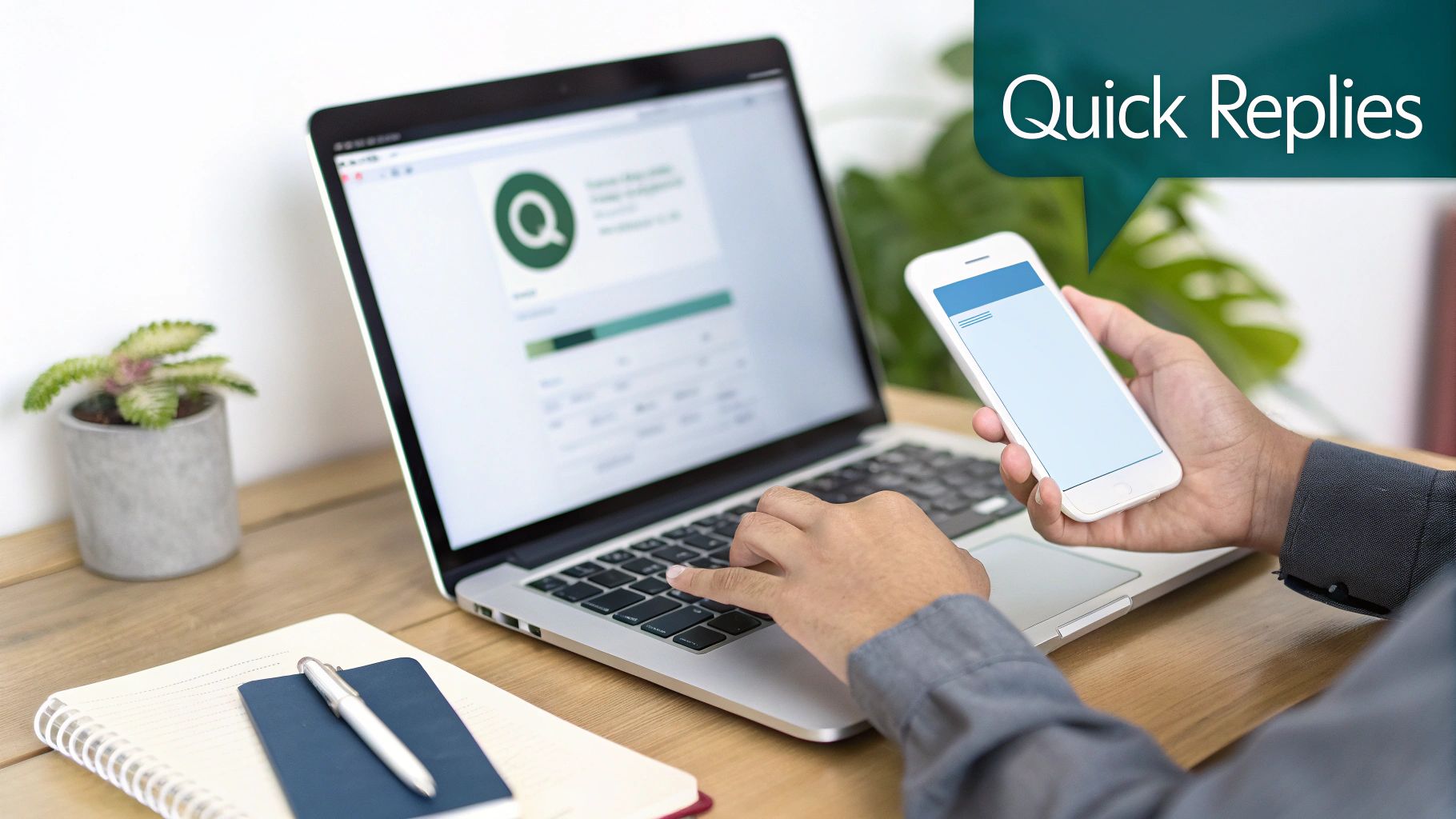 A person works on a laptop and holds a smartphone with a “Quick Replies” speech bubble.