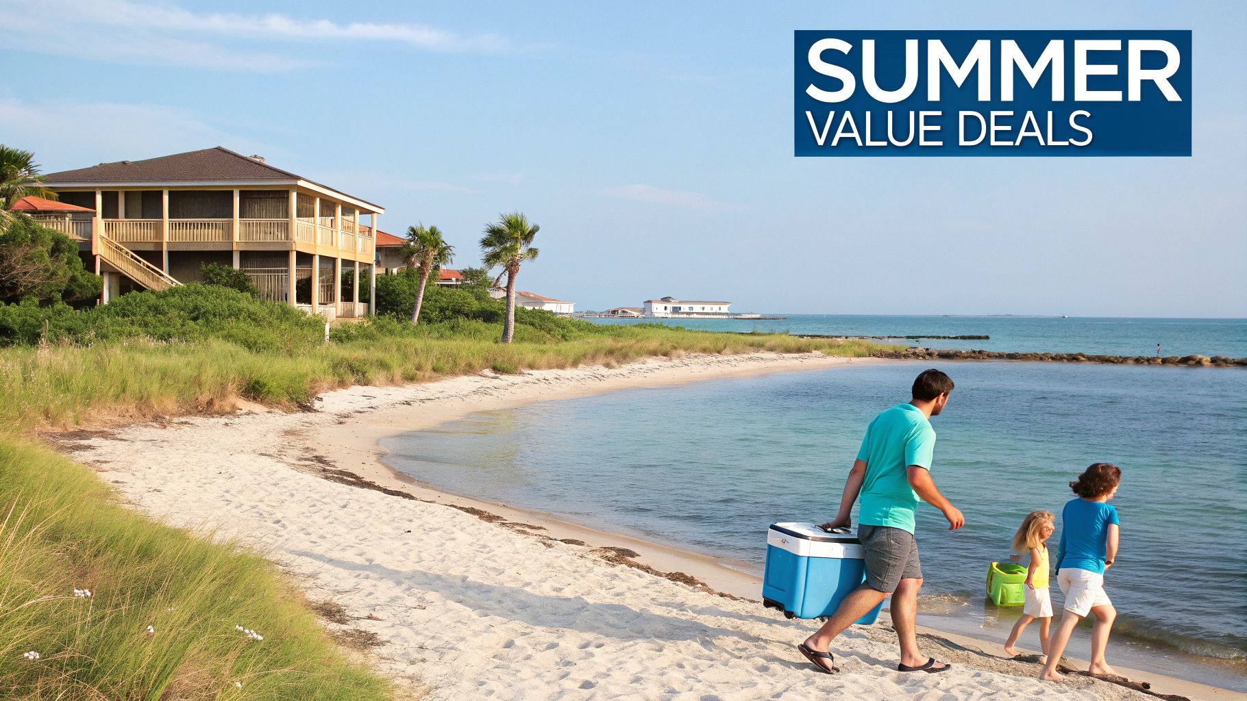 A family walks along a sandy beach with a blue cooler towards the ocean on a sunny day. A house and palm trees are in the background.