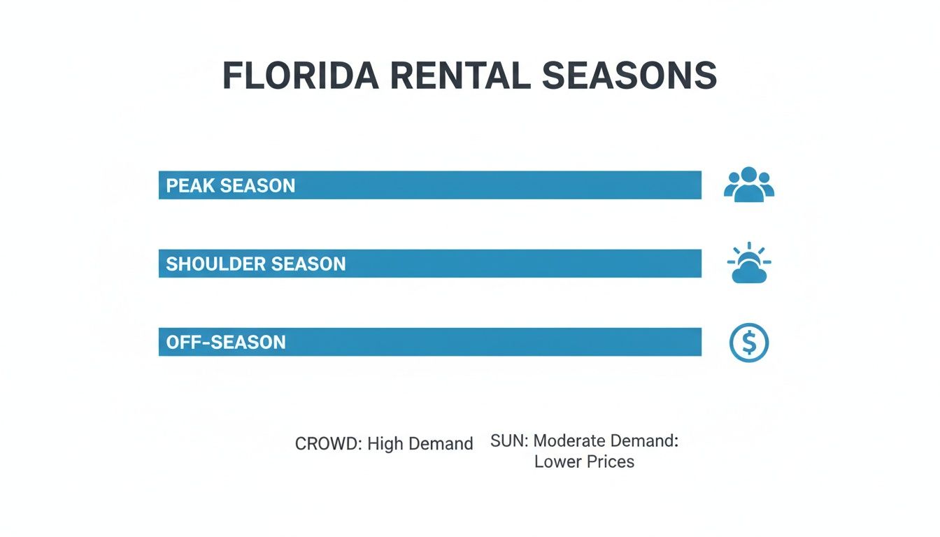 Infographic showing Florida rental seasons, categorizing peak, shoulder, and off-season by demand and price.
