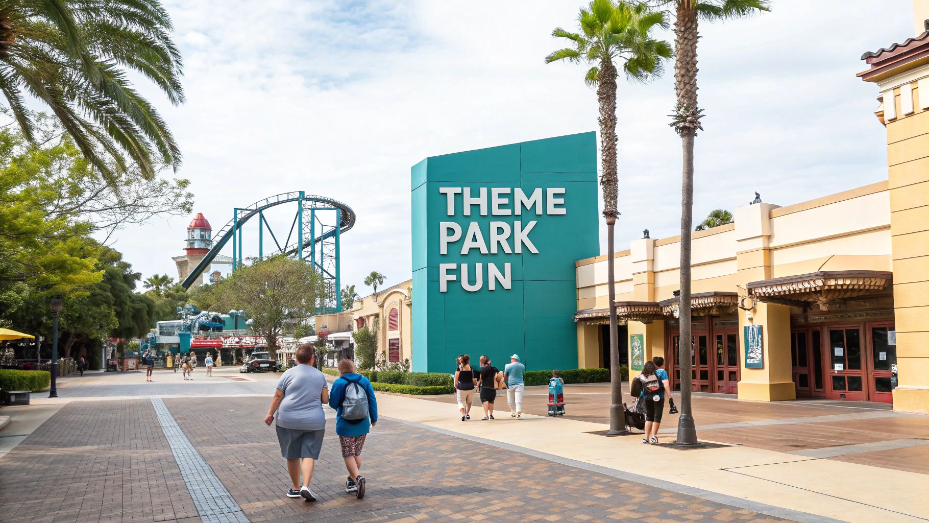 People walk towards a vibrant theme park entrance featuring a 'THEME PARK FUN' sign, palm trees, and a roller coaster in the background.