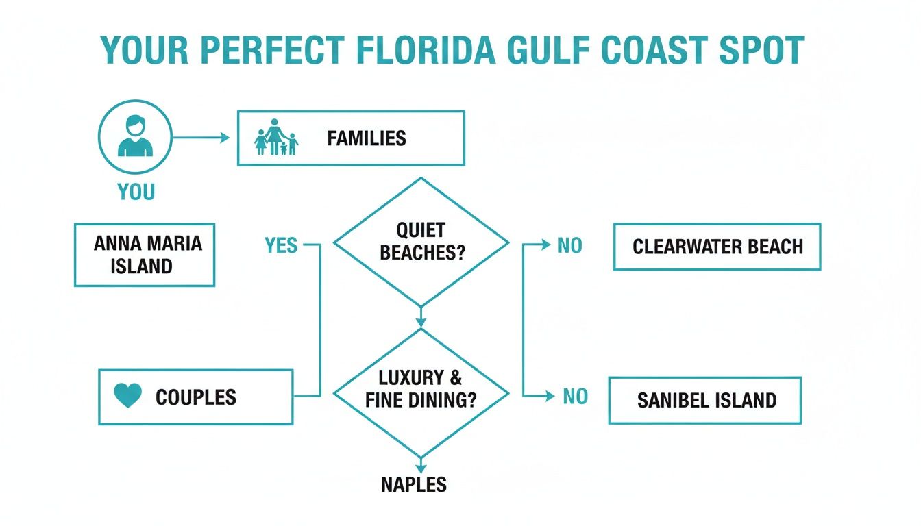Flowchart guiding users to their perfect Florida Gulf Coast spot based on preferences like family, quiet beaches, and luxury dining.