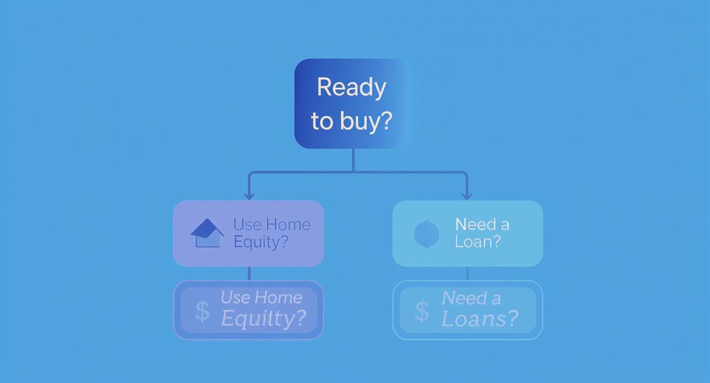 Flowchart illustrating financing options for buying a home, including home equity and loans.