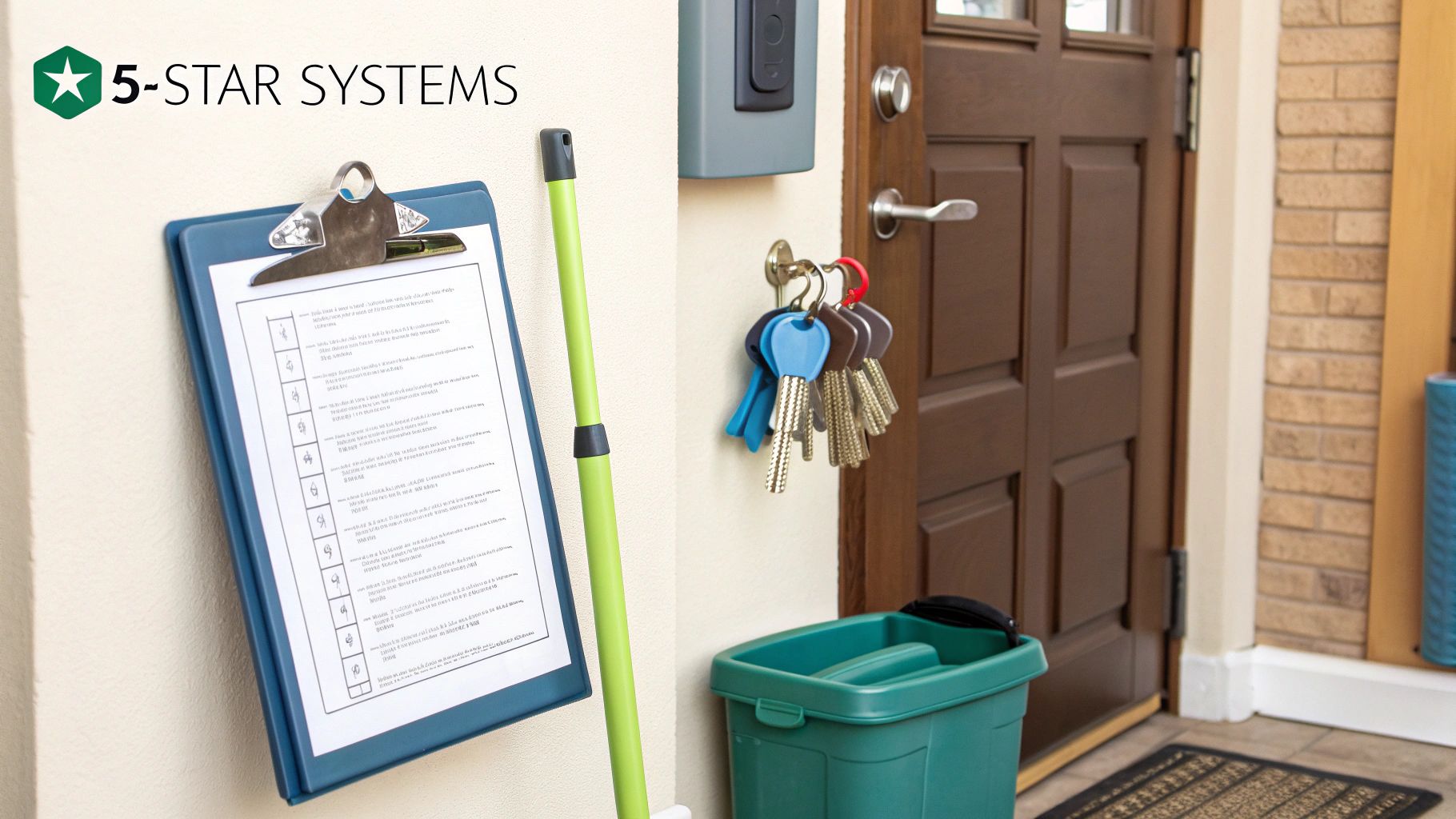 A clipboard with a checklist, keys, and a cleaning caddy, suggesting property management.
