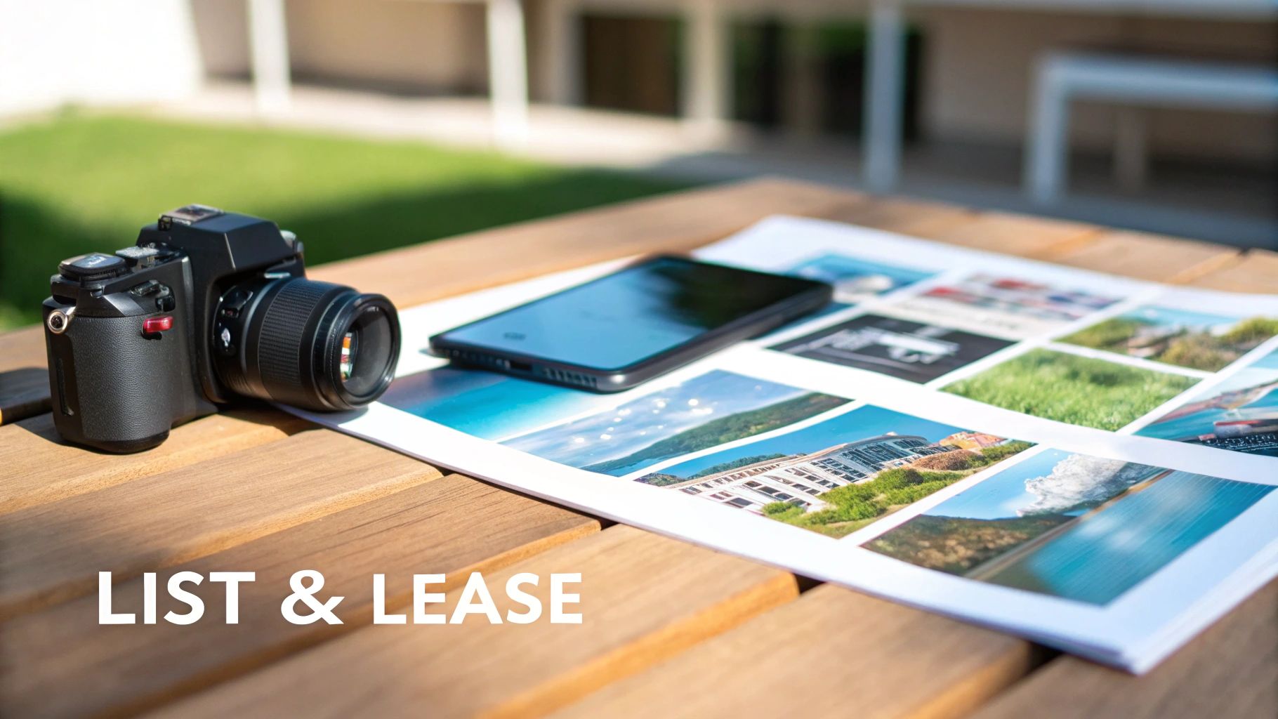 Camera, phone, and property photos for 'LIST & LEASE' on an outdoor wooden table.