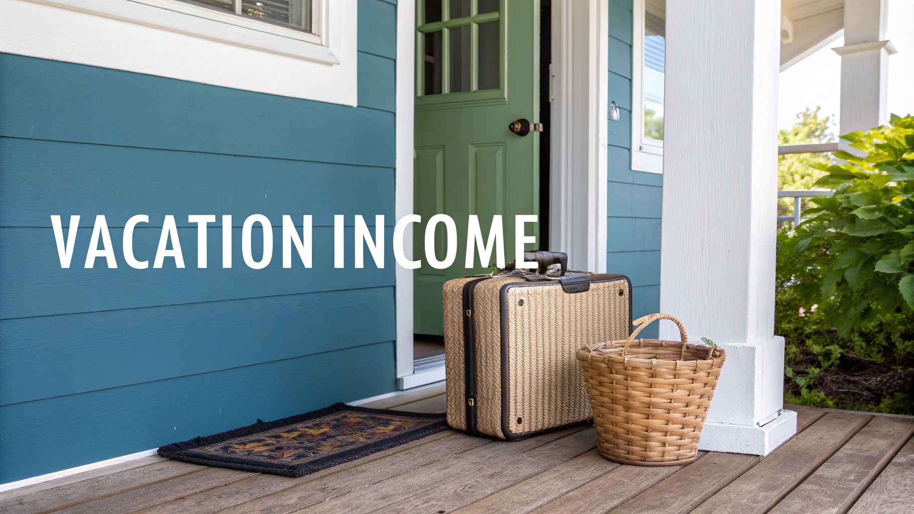 A front porch of a blue house with a green door, suitcase, and basket, promoting "VACATION INCOME".