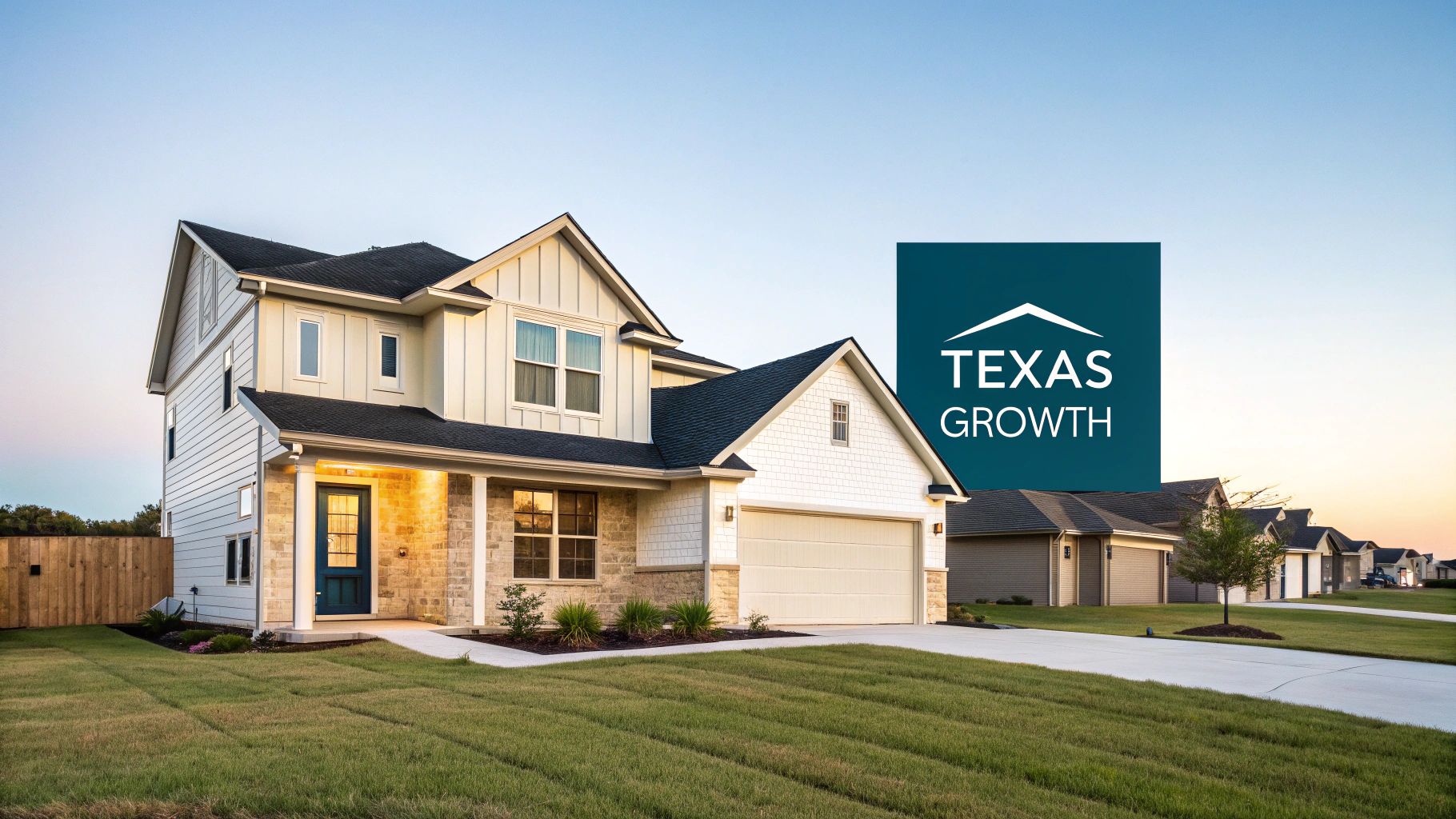 A modern two-story home with a garage and green lawn, with a 'Texas Growth' logo.