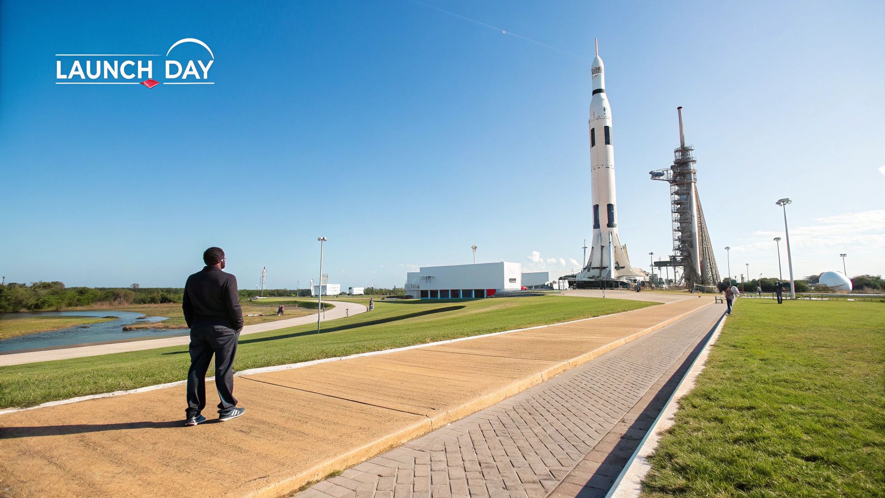A man stands on a walkway, looking at a towering white rocket and launch tower under a blue sky.