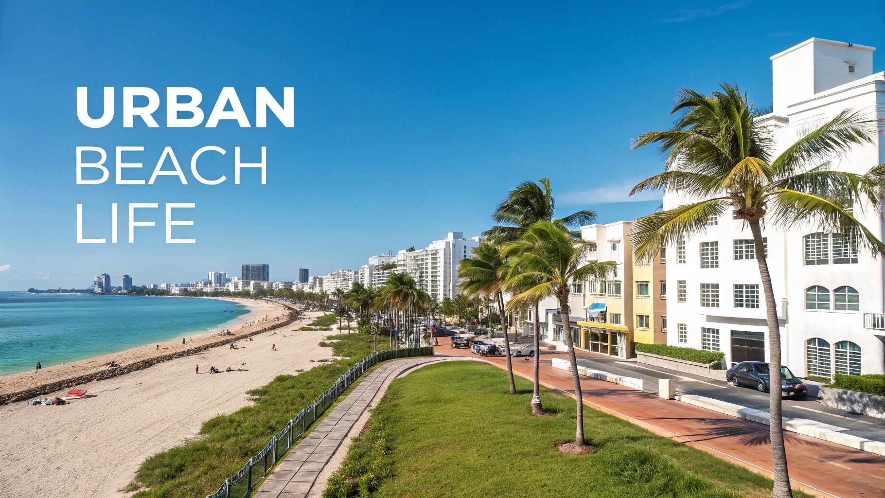 Panoramic view of a sunny urban beach with white buildings, palm trees, and people enjoying the sand and ocean.