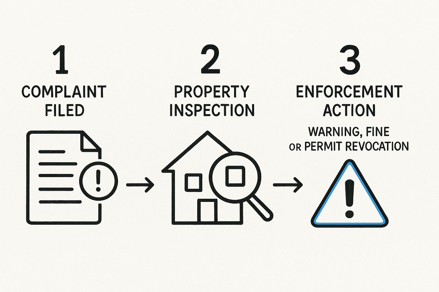 Uma infografia que mostra o fluxo do processo de aplicação das leis de aluguer de curta duração, desde a queixa até à potencial ação de aplicação.