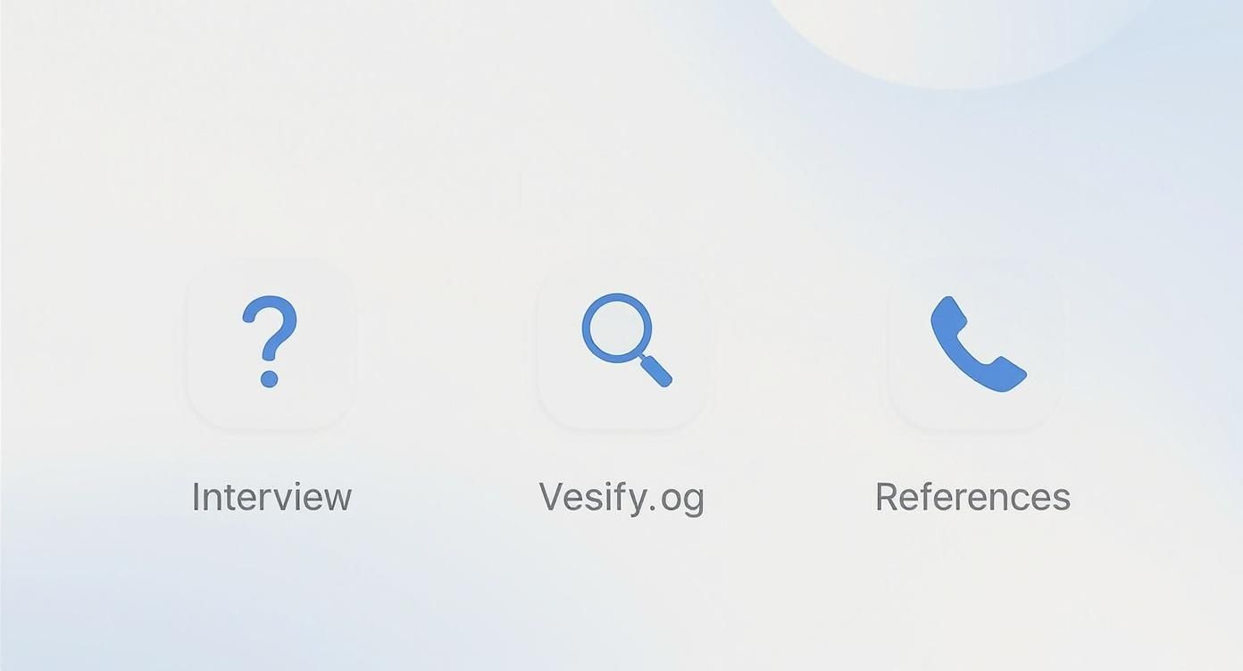 Three icons representing a hiring or vetting process: Interview (question mark), Vesify.og (magnifying glass), and References (phone receiver).