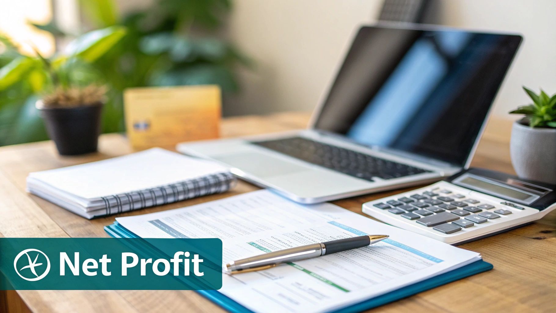 A desk setup with a laptop, calculator, documents, and a pen, featuring a 'Net Profit' overlay.