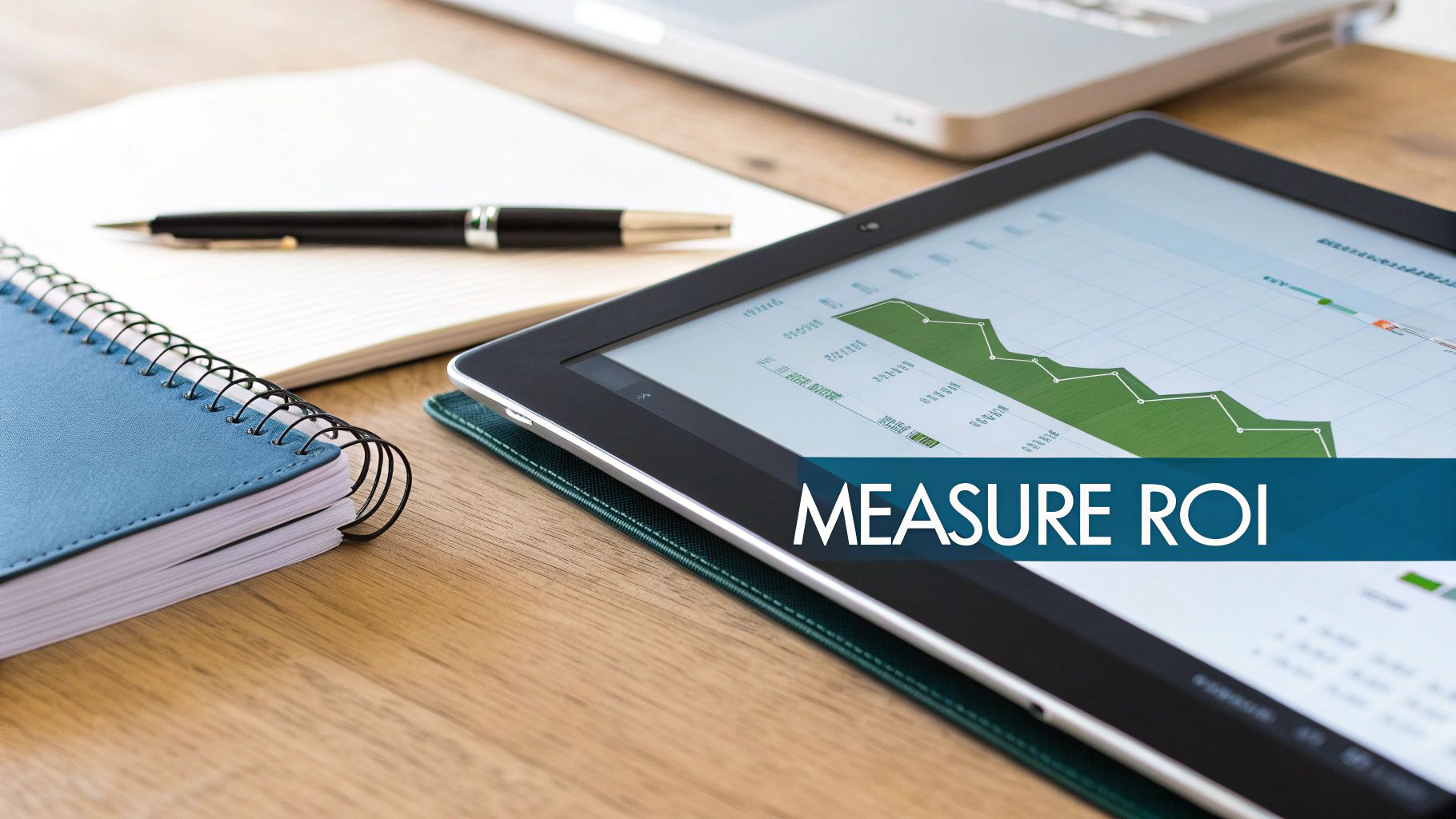 Tablet displaying ROI analytics with green chart on desk with notebook and pen