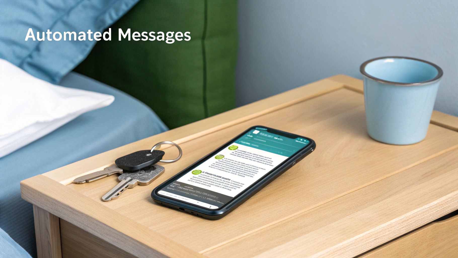A smartphone displaying 'Automated Messages' with keys and a cup on a wooden nightstand.