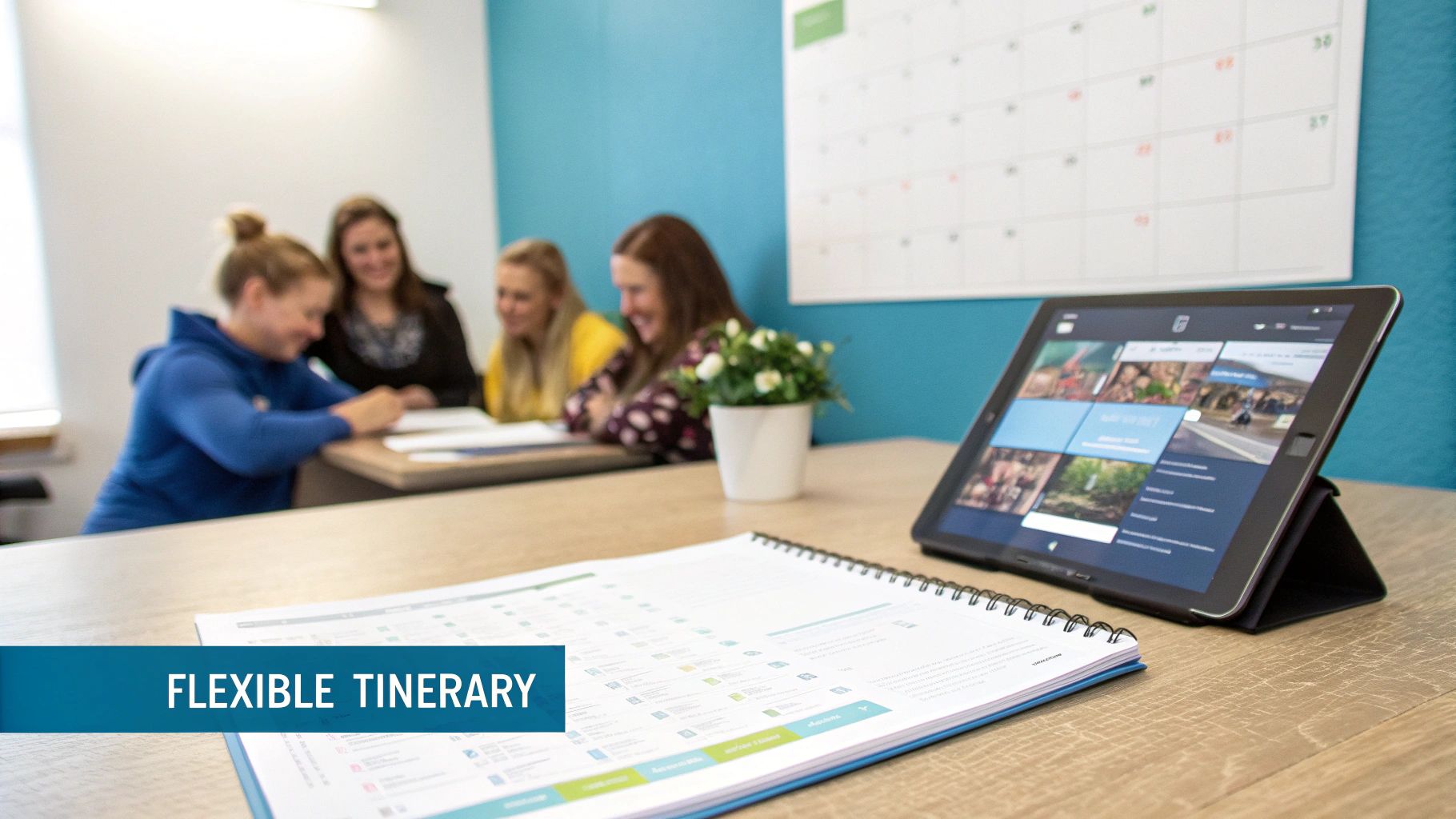 Four smiling women collaboratively planning at a desk with a tablet and notebook, suggesting a flexible itinerary.
