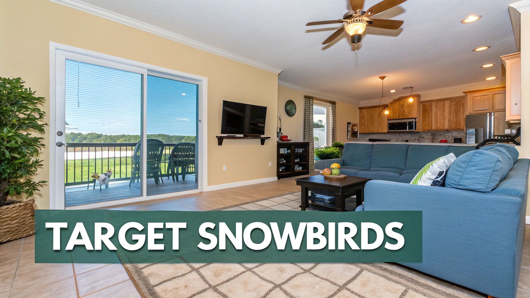 A comfortable living room with a blue sectional sofa, flat-screen TV, and a balcony with a scenic view.