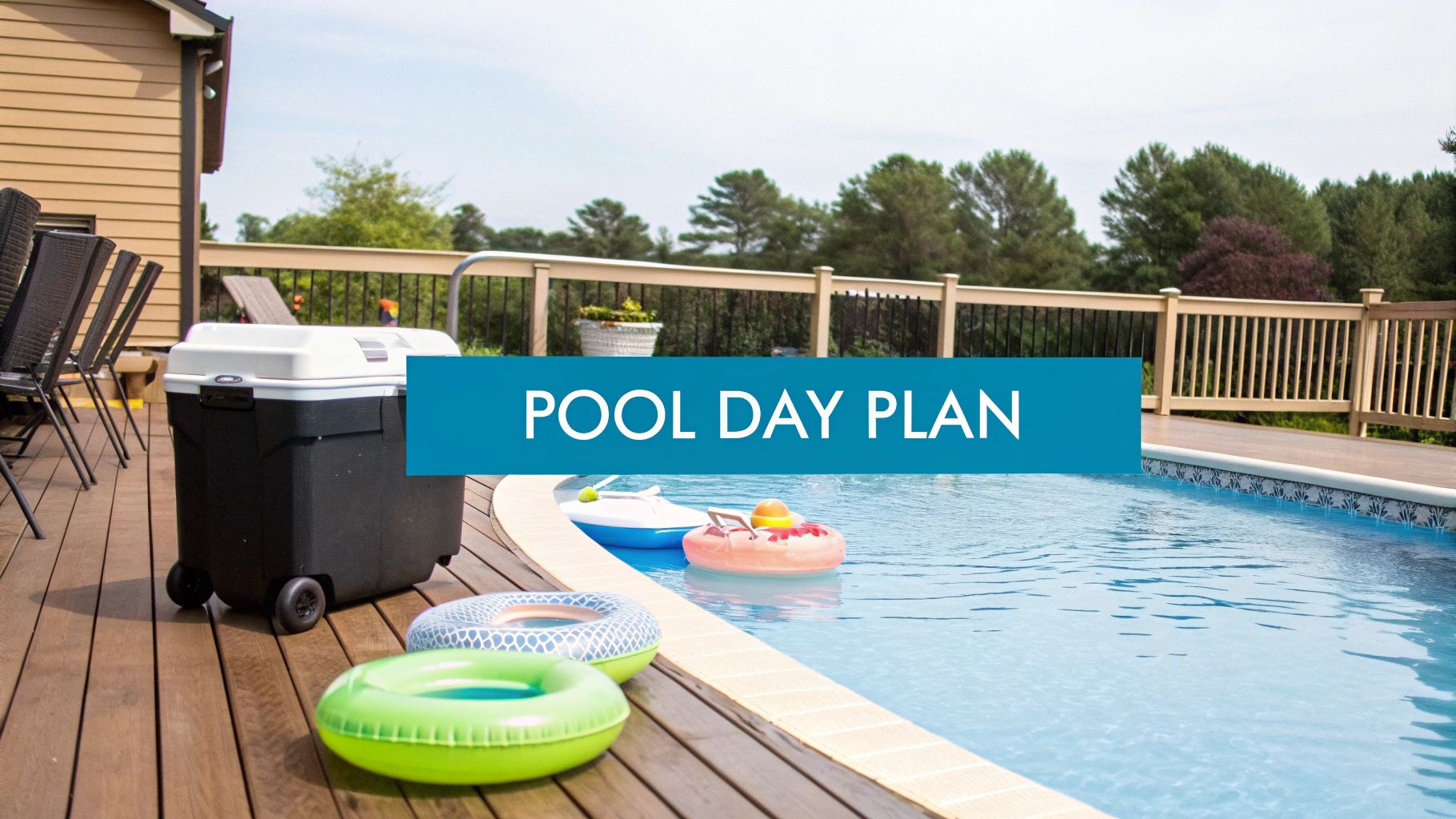 A sunny outdoor pool deck with a cooler, chairs, and colorful floats, ideal for a relaxing pool day.