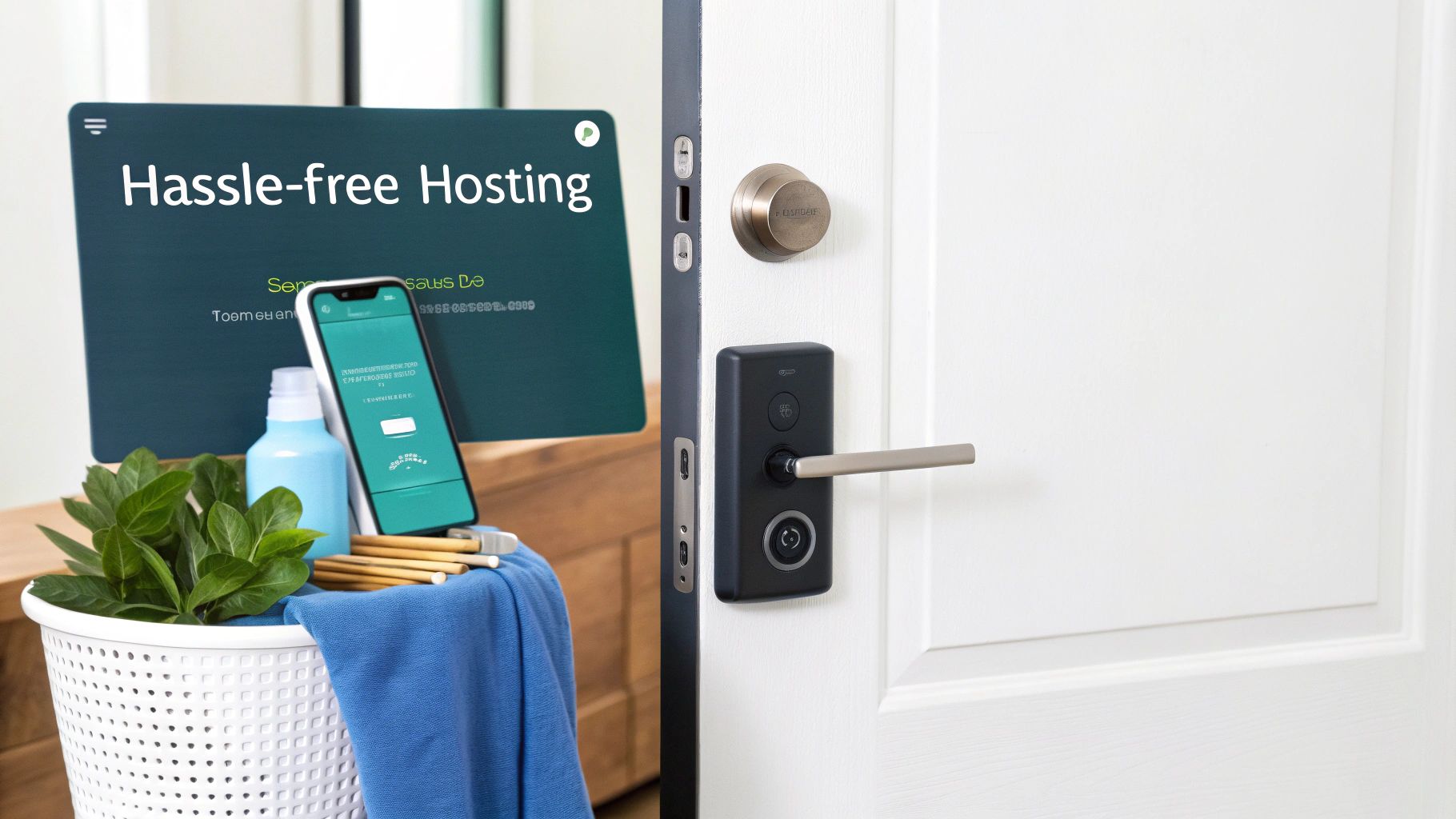 A smart lock on a door, with a tablet displaying 'Hassle-free Hosting' and cleaning supplies.