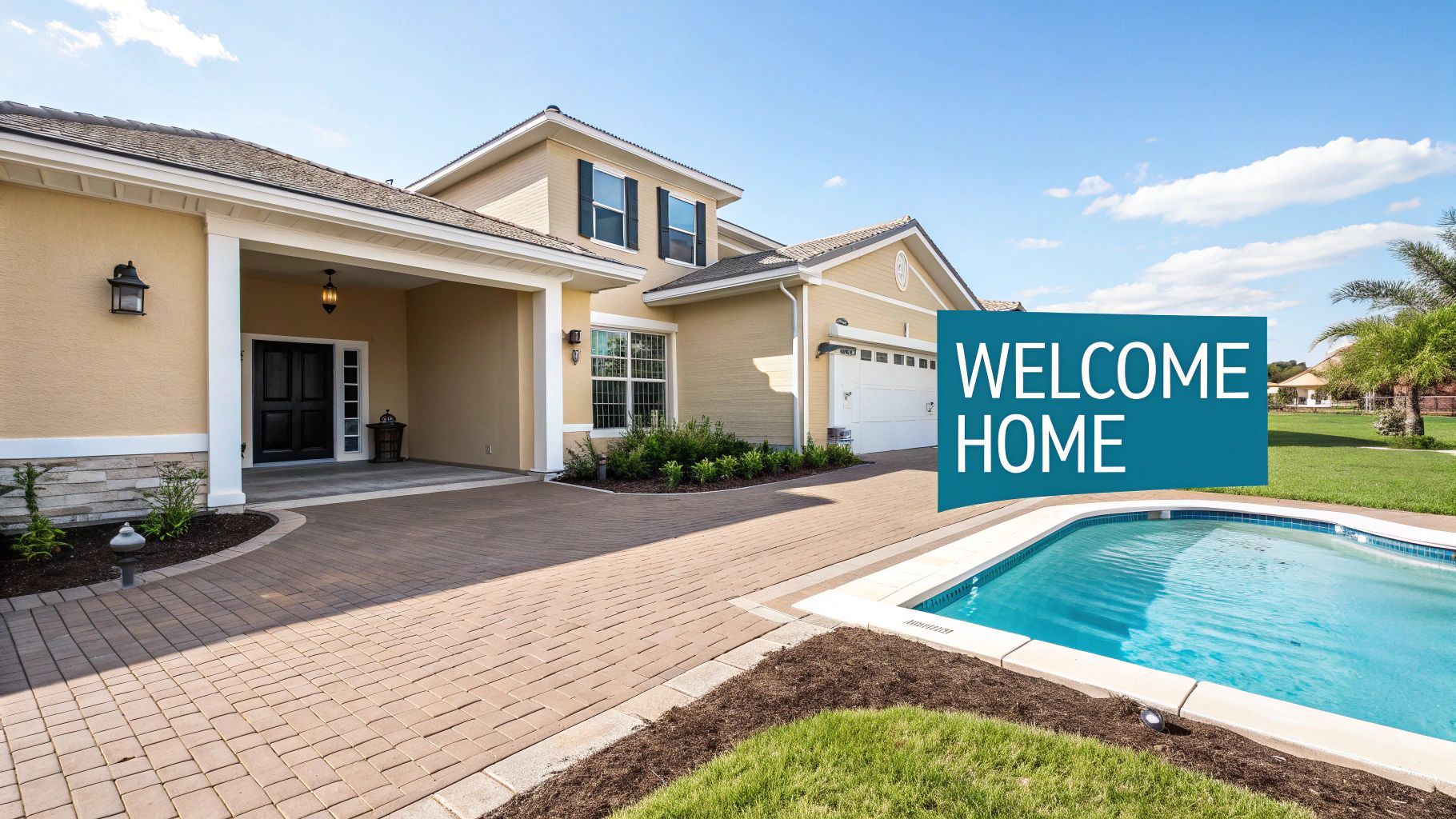A beautiful light-colored modern house with a paved driveway, garage, and swimming pool under a blue sky.