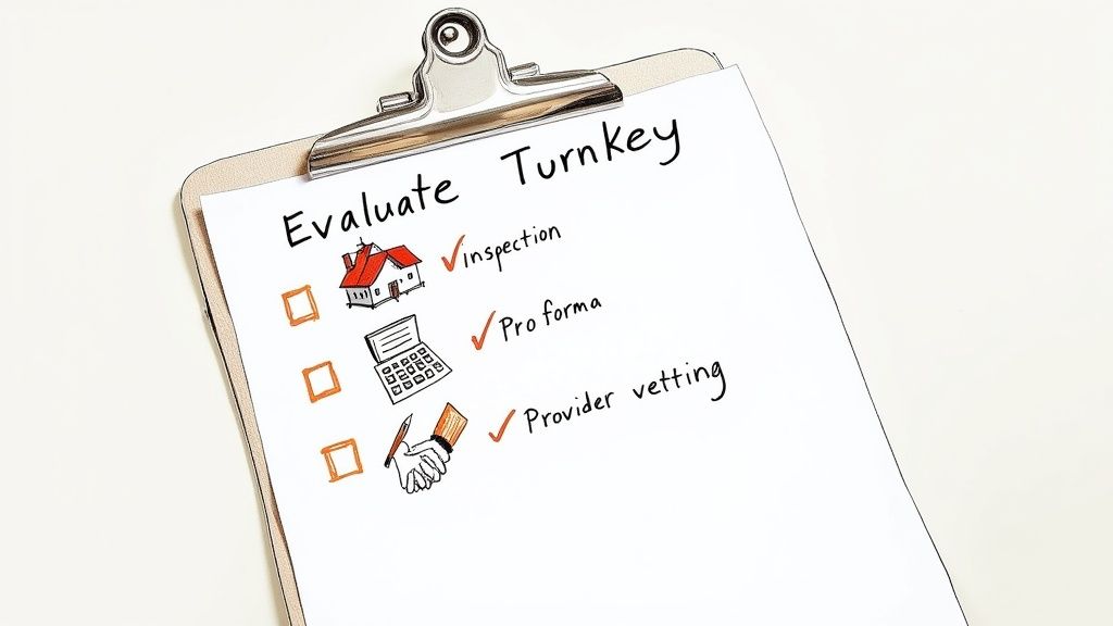 Magnifying glass over a blueprint of a house, symbolizing evaluation.