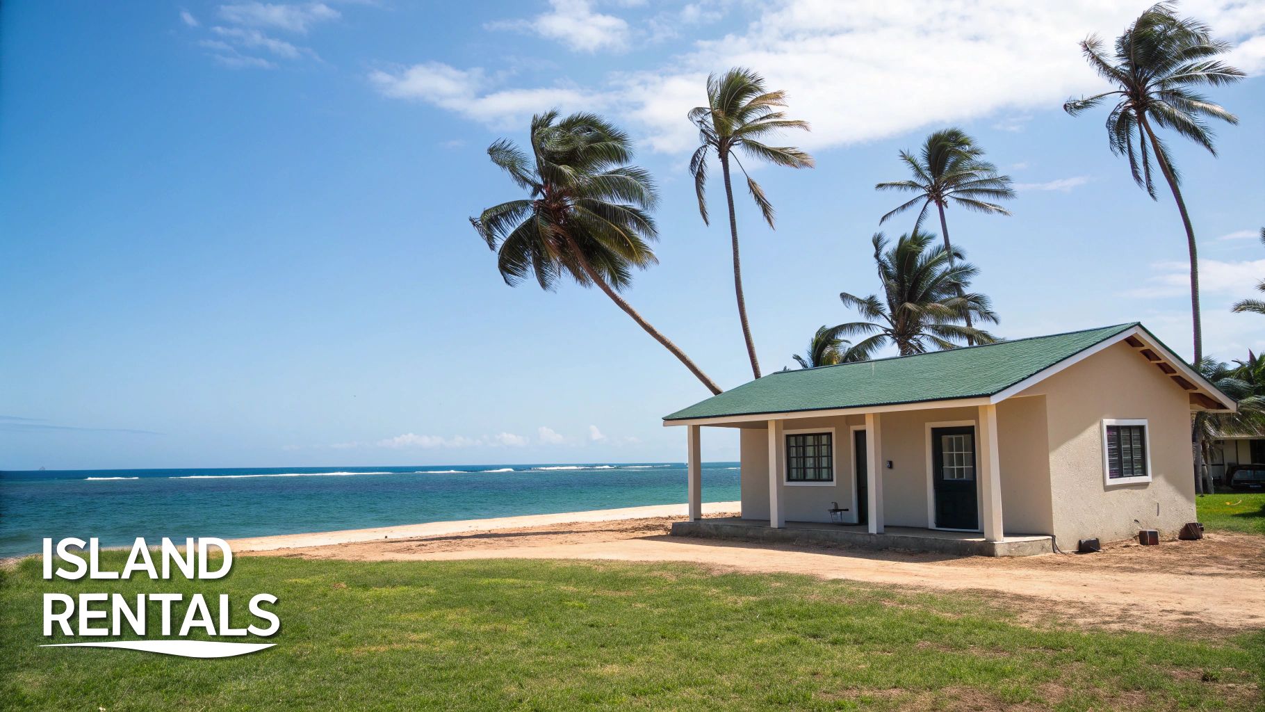 A beautiful beach house for rent with a green roof, palm trees, and ocean views under a blue sky.