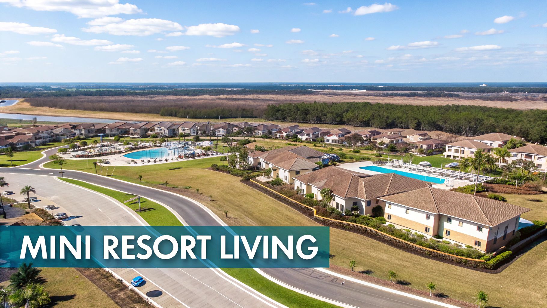 Aerial view of a vibrant resort community featuring numerous villas, large swimming pools, and lush landscaped grounds.