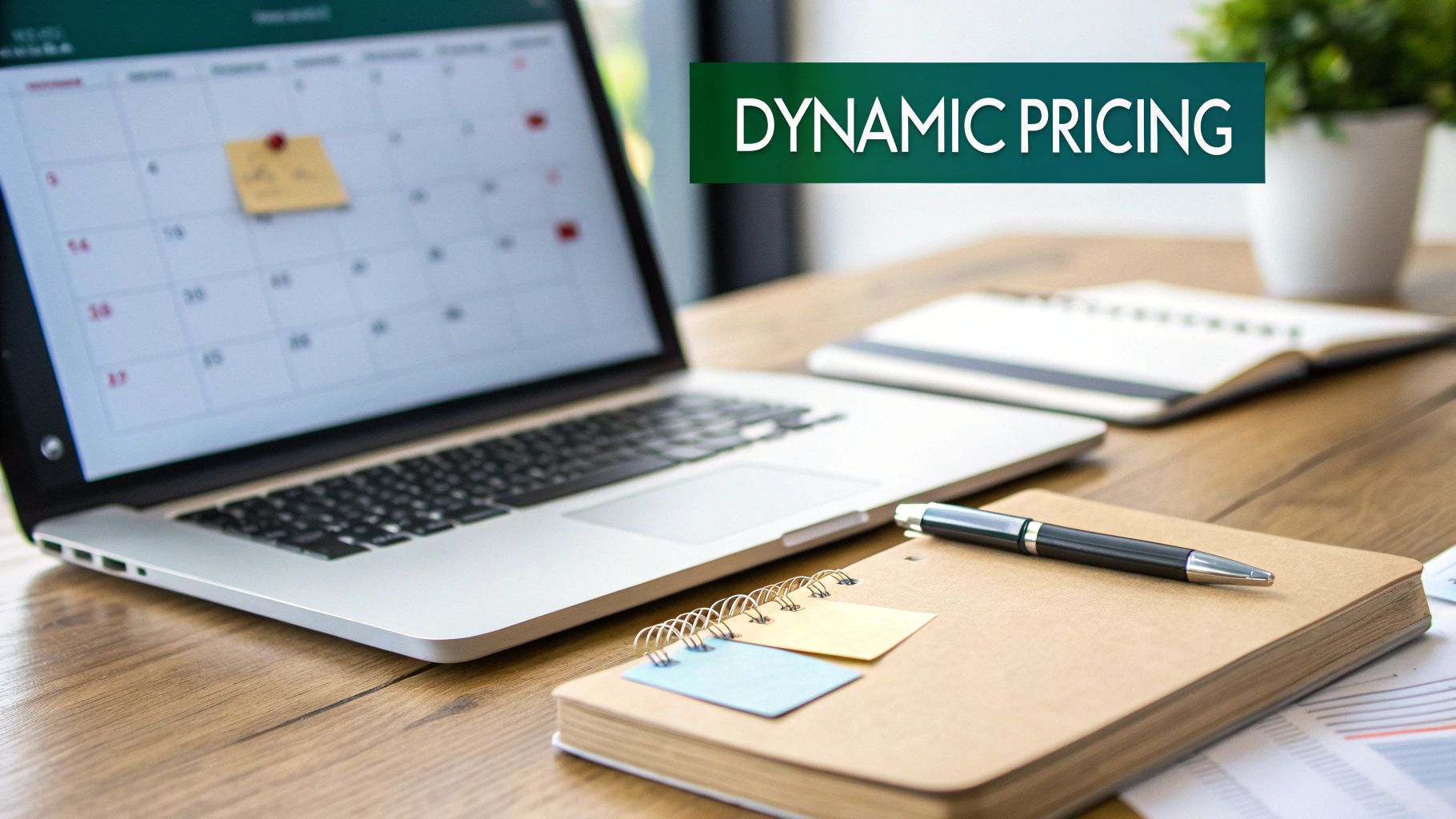 A laptop with a calendar and sticky note on screen, 'DYNAMIC PRICING' text, pen and notebook on a wooden desk.