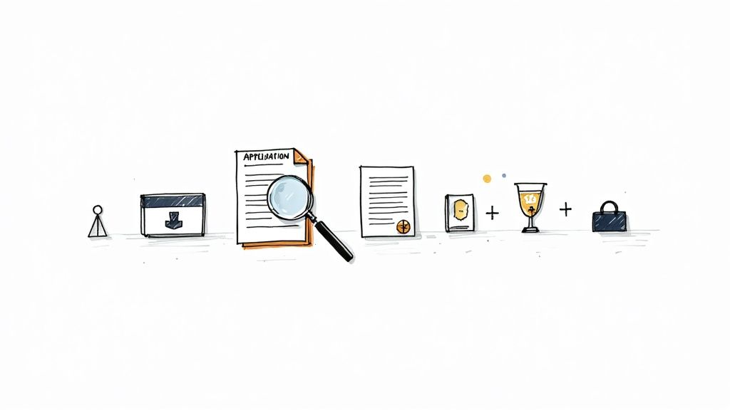 A magnifying glass hovering over a rental application form, symbolizing tenant screening