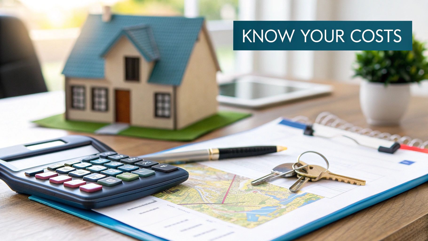 A desk with a model house, calculator, keys, and documents, with text 'KNOW YOUR COSTS'.