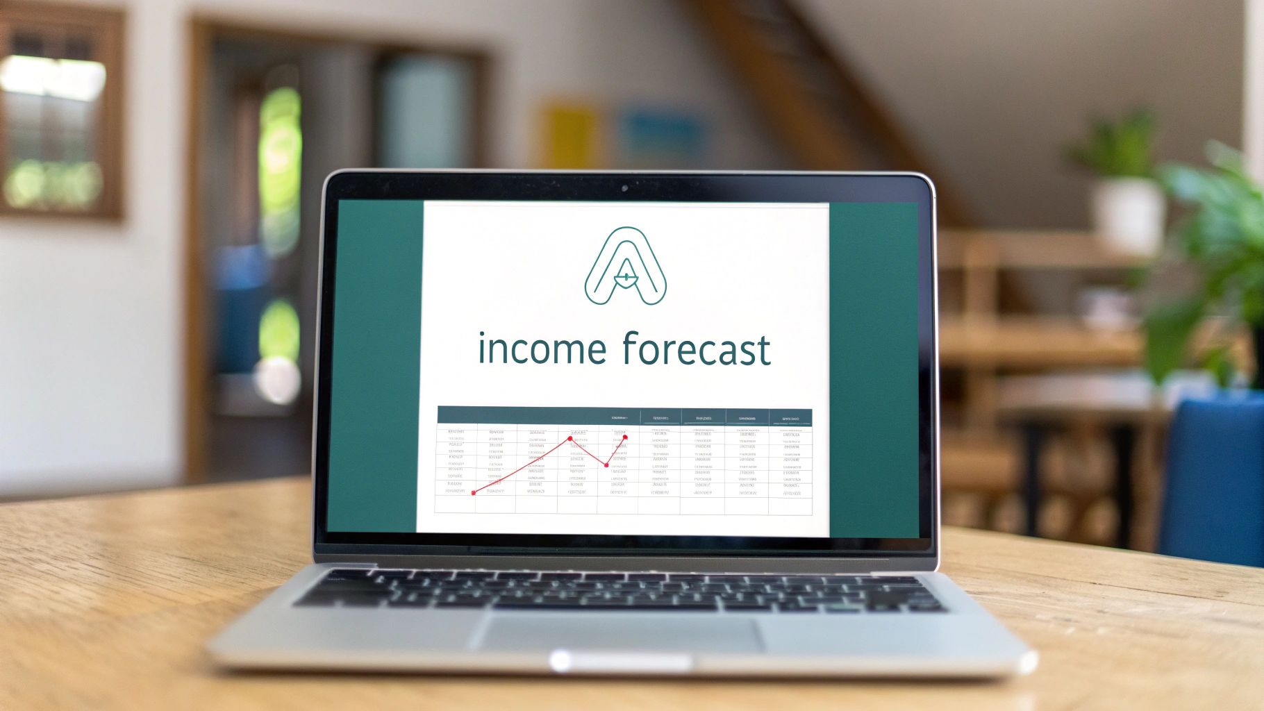 A silver laptop on a wooden table displays a presentation titled 'income forecast' with a rising graph.