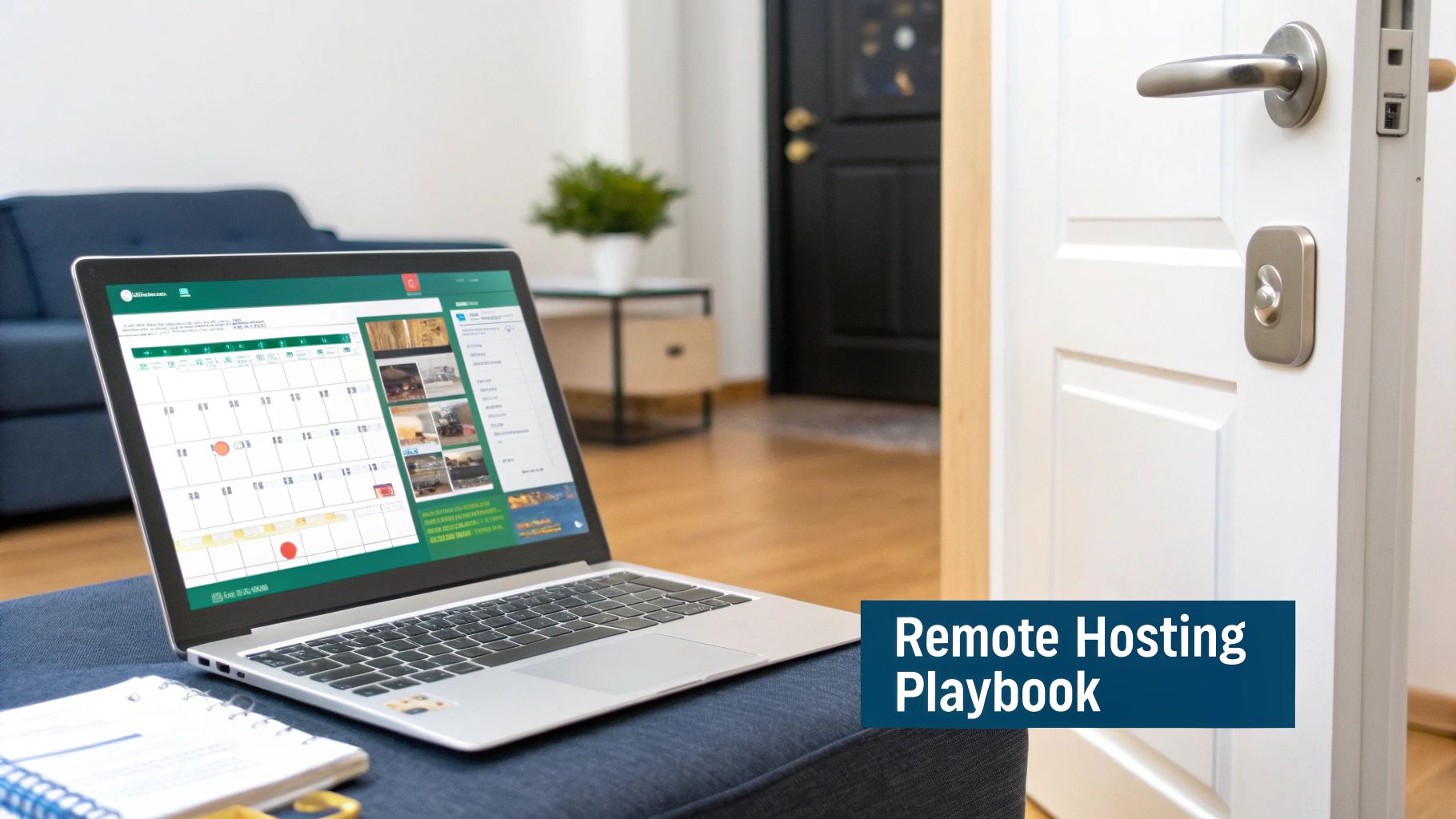 A laptop displaying a remote hosting calendar and property images, with 'Remote Hosting Playbook' text.
