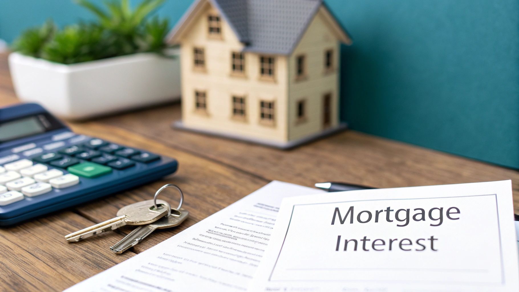 Calculator, house keys, and 'Mortgage Interest' document on a desk with a model house.