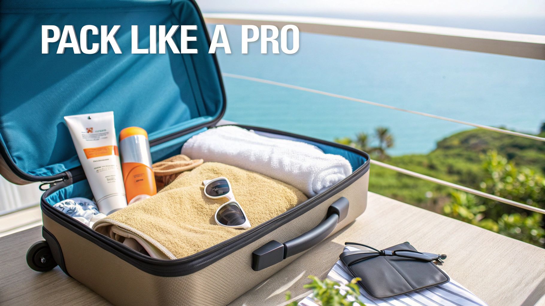 An open suitcase filled with beach vacation essentials sits on a balcony overlooking the ocean.
