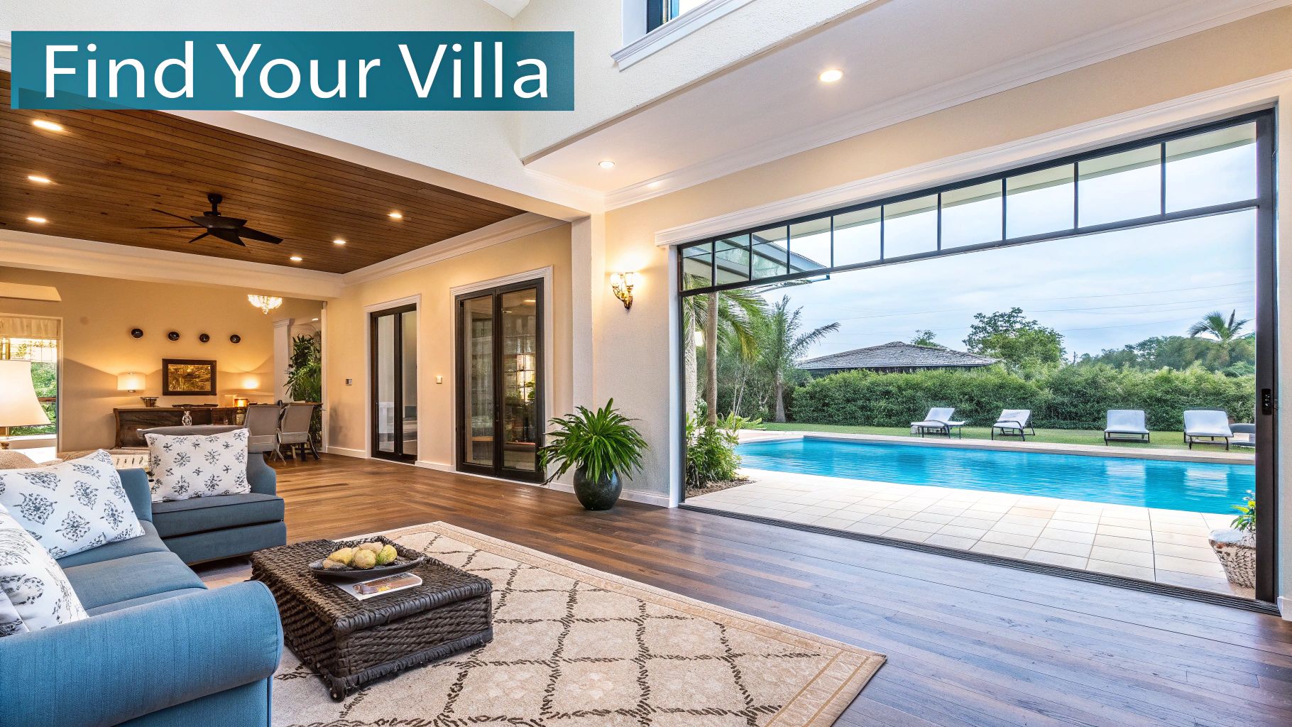 Spacious luxury villa living room opening to a large outdoor swimming pool with lounge chairs.