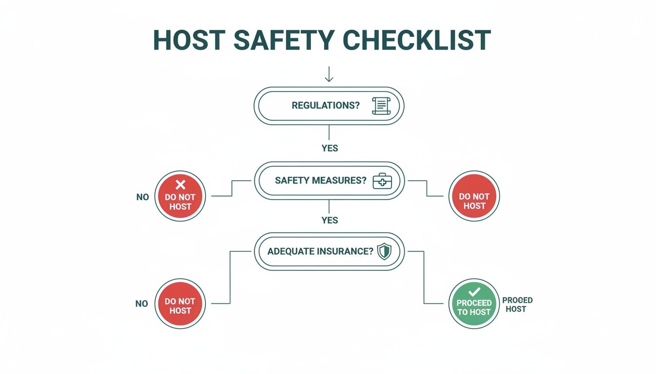 Flowchart illustrating a host safety checklist for regulations, safety measures, and adequate insurance.