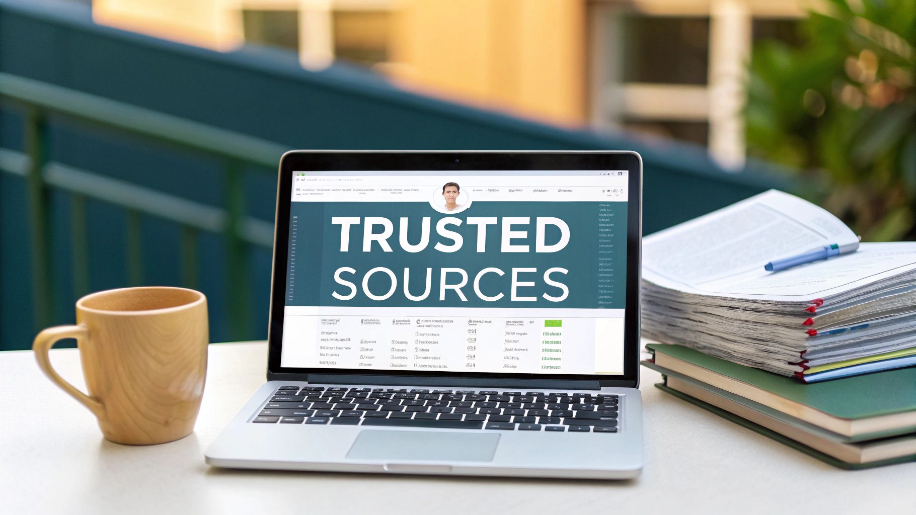 Laptop displaying 'TRUSTED SOURCES' with a coffee mug, documents, and books for research.
