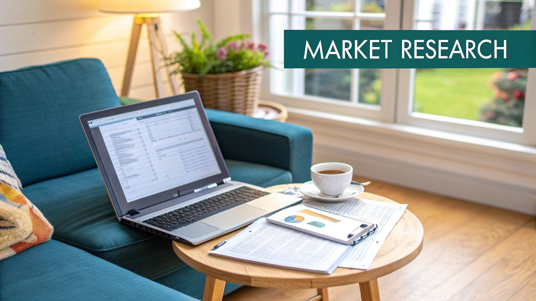 A laptop showing market research data, papers with charts, and a coffee on a table.