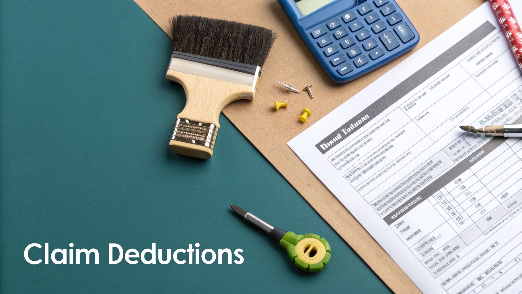 Desk flat lay with a calculator, office tools, and a document for claiming deductions.