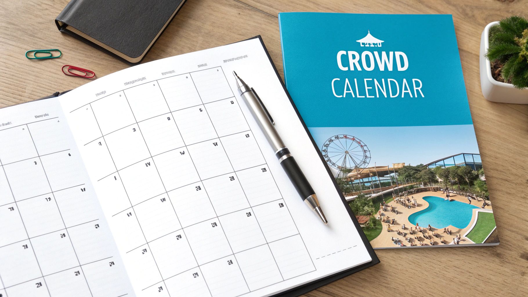 An open planner, a pen, and a 'CROWD CALENDAR' booklet on a wooden desk, surrounded by office supplies.