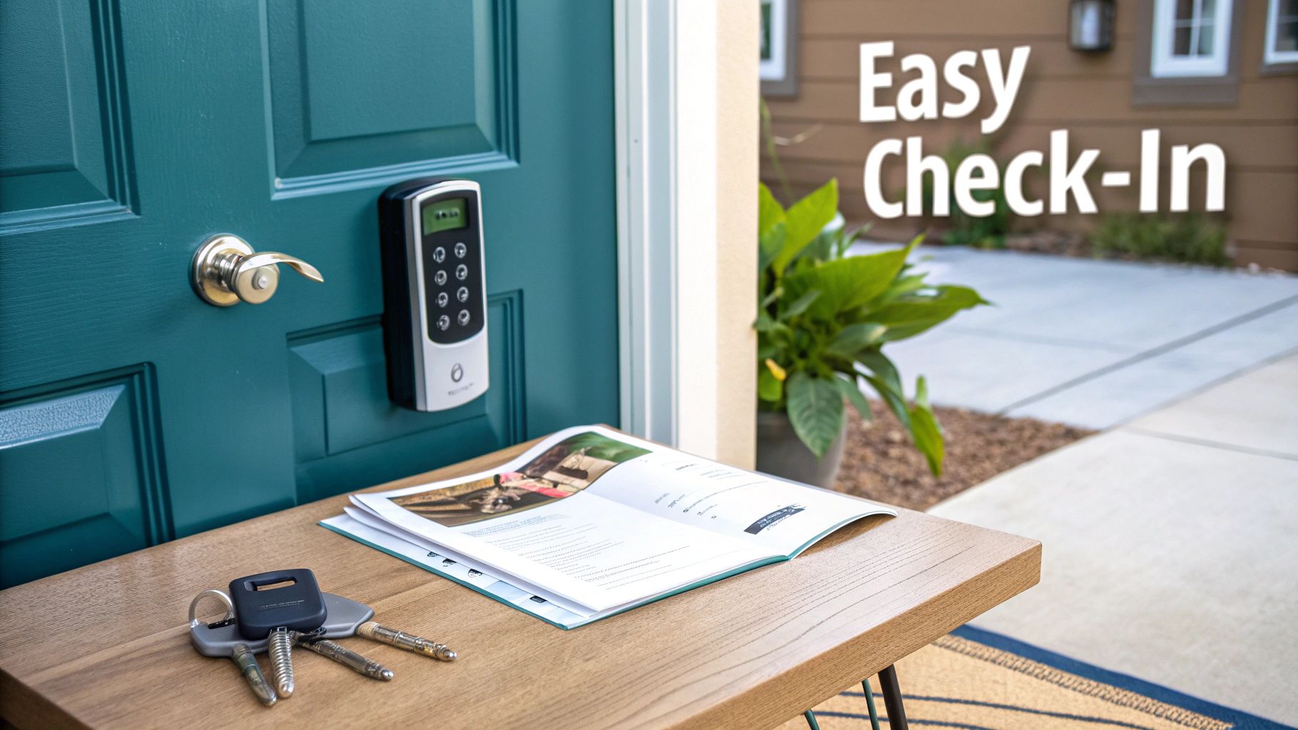 A teal front door with a digital keypad lock, a table with keys and a magazine for easy check-in.