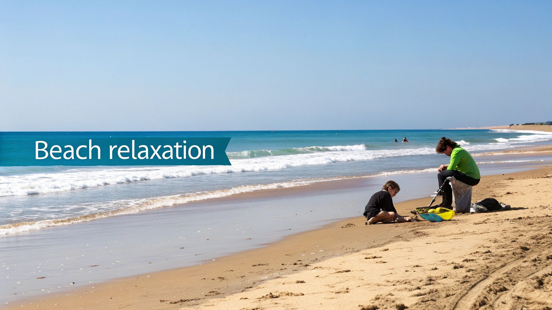 Two people, one adult and one child, enjoying beach relaxation on a sunny day by the ocean.