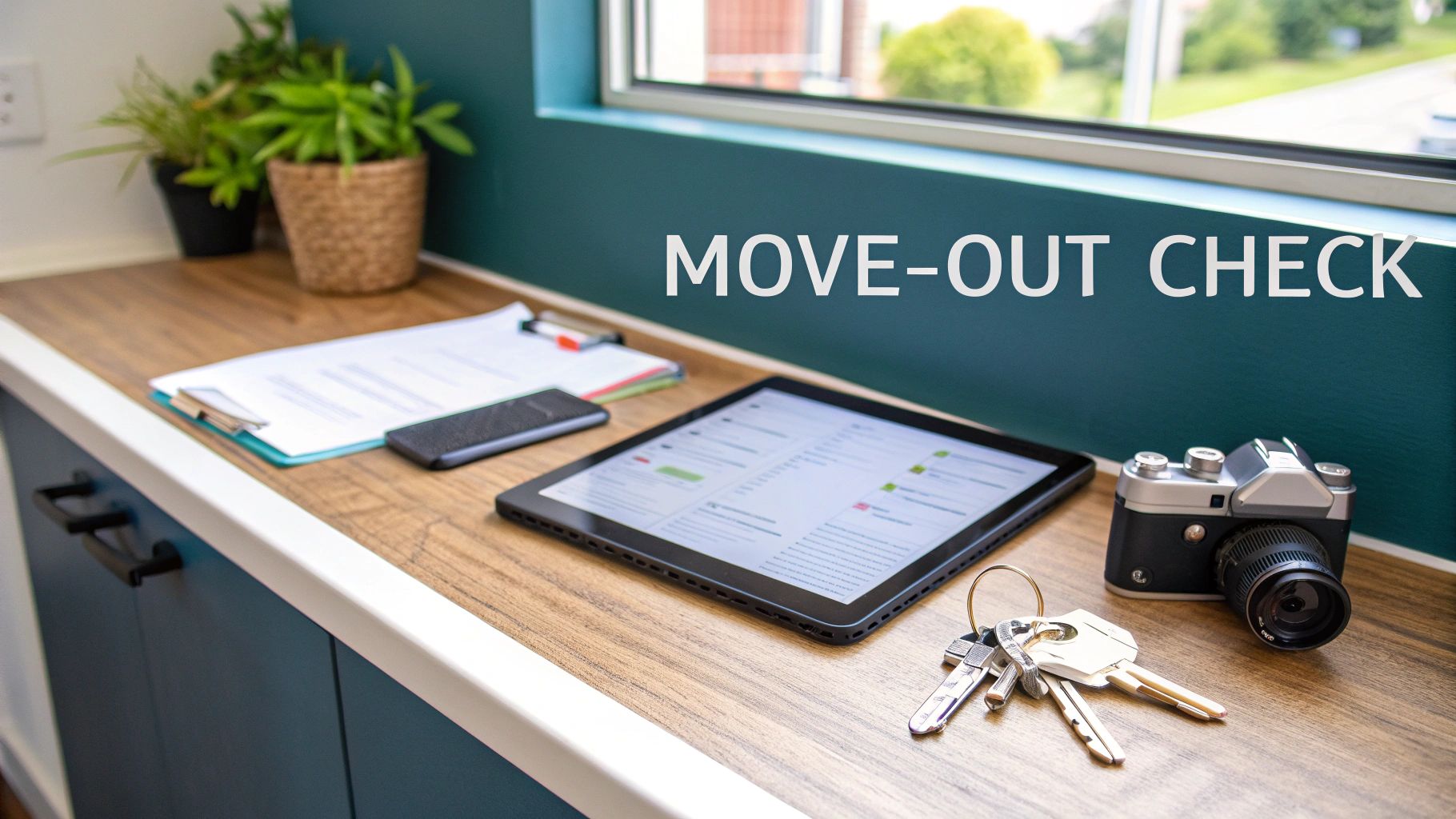 A desk with a tablet displaying a checklist, keys, a camera, and papers for a move-out check.